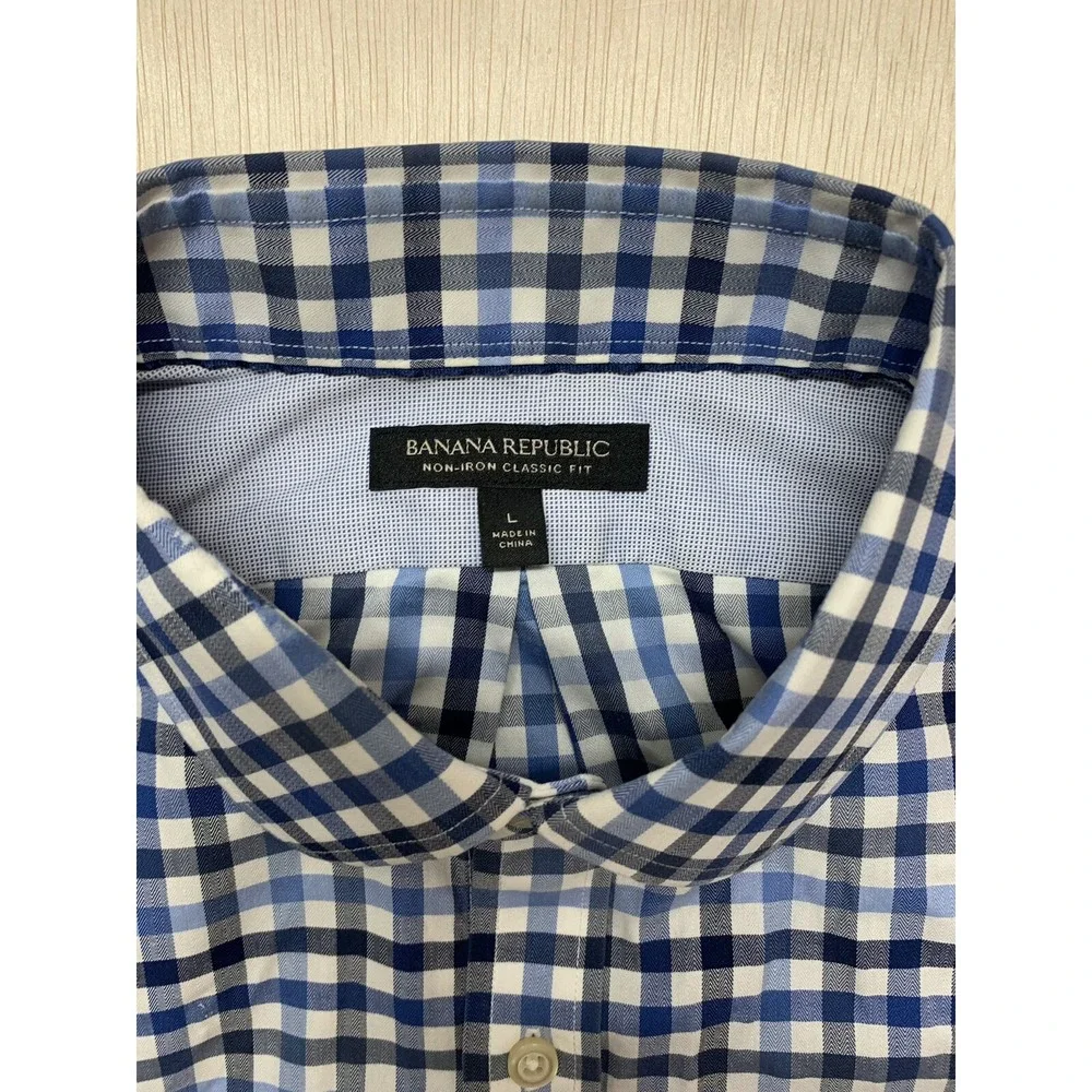 Banana Republic Mens Large Classic Fit Check Long Sleeve Shirt Navy White Non Ir